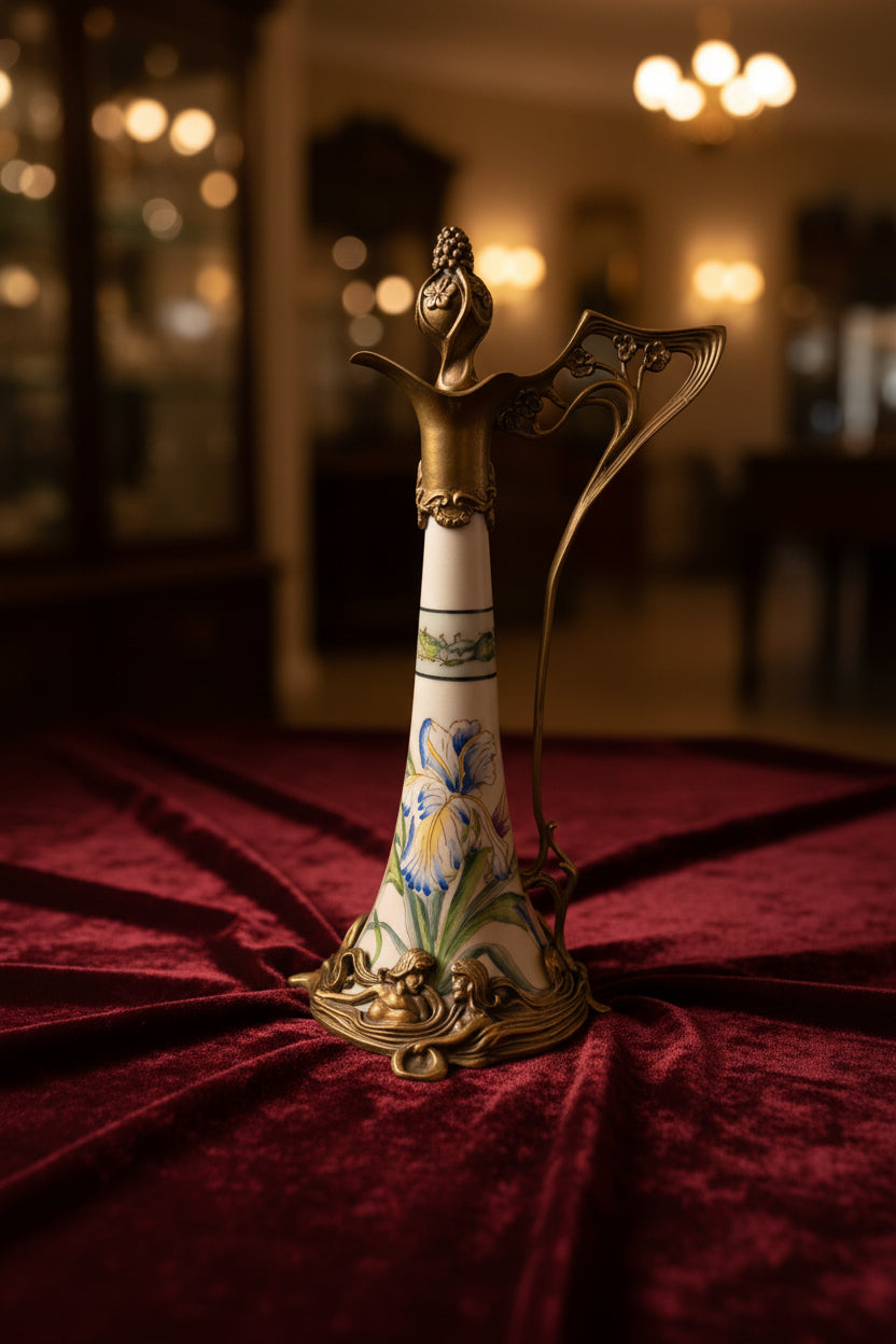 Jugendstil Kanne aus Bronze und Porzellan mit Iris und Landmuster