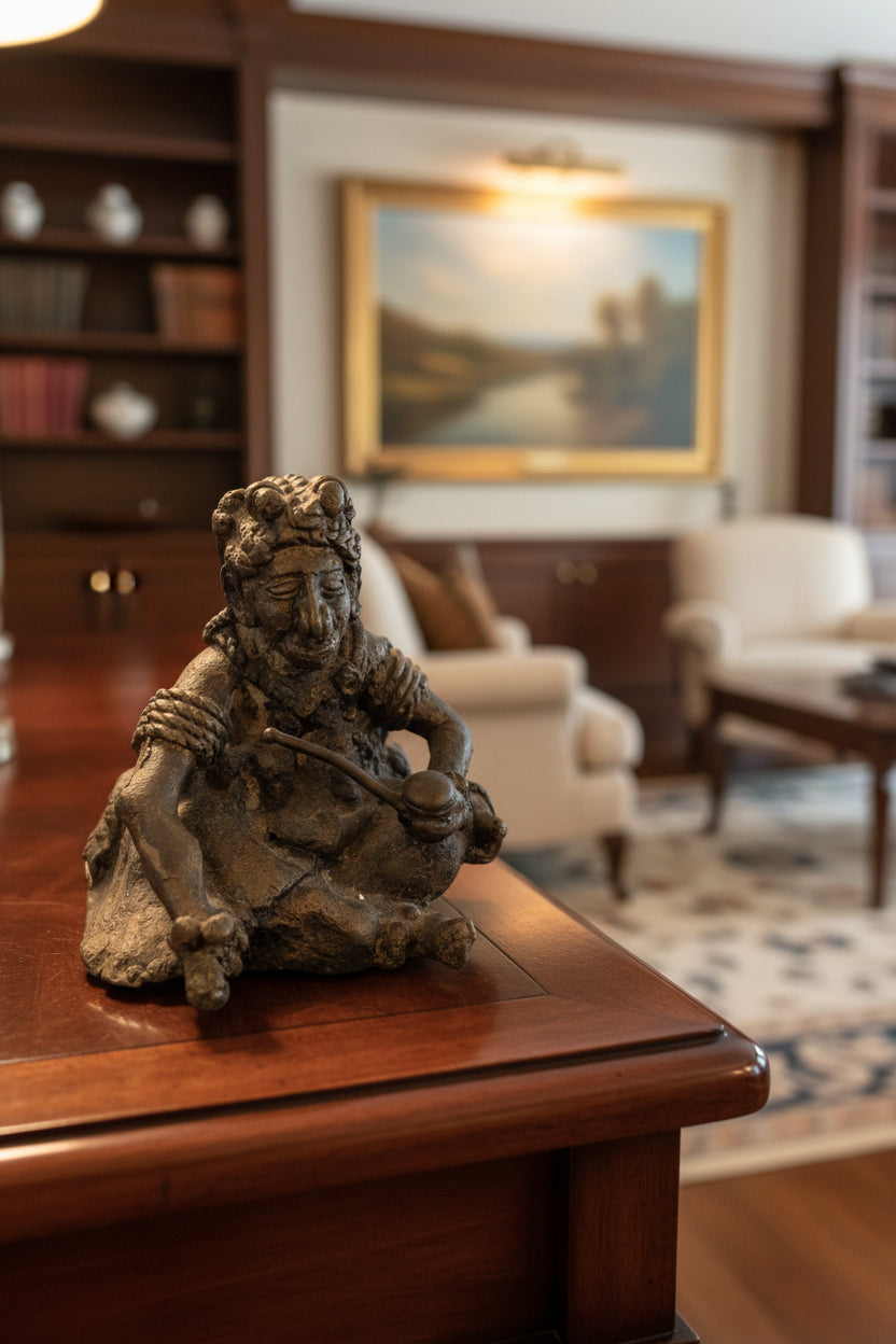 STATUETTE ANTIQUE EN BRONZE OU MÉTAL D'UNE DIVINITÉ MASCULINE ASSISE