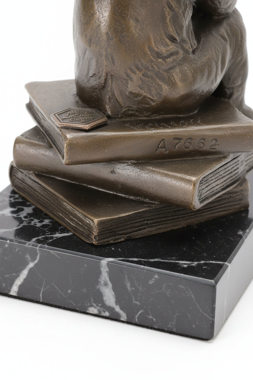 Moderne Bronzefigur Nachdenkender Affe mit Schädel – Signiert, 100% Bronze, 15 cm
