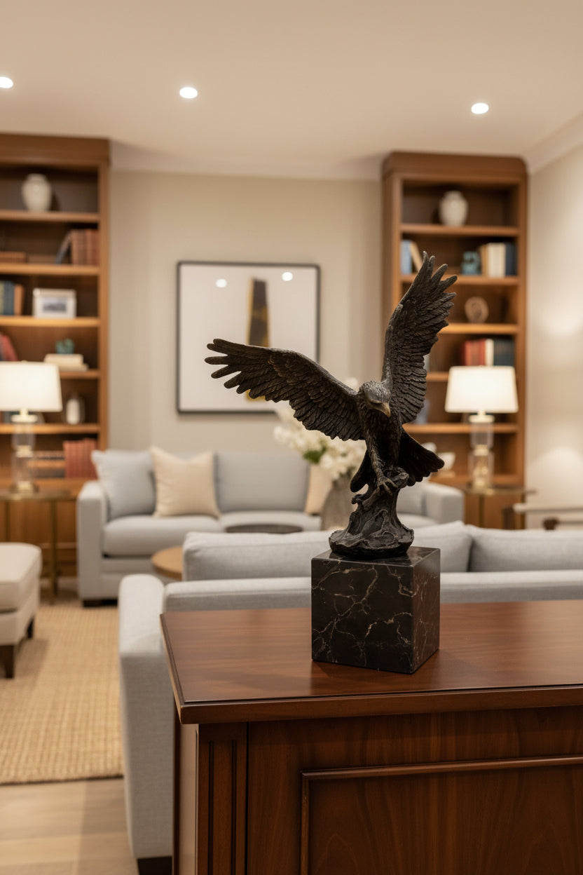 Moderne Bronzeskulptur Adler auf Marmorsockel – König der Berge, 100% Bronze, 36 cm