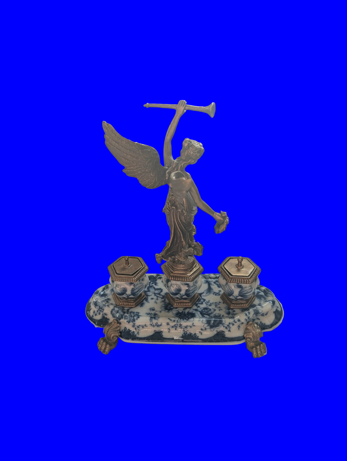 Encrier en porcelaine et bronze avec figurine de table – Accessoire de bureau décoratif