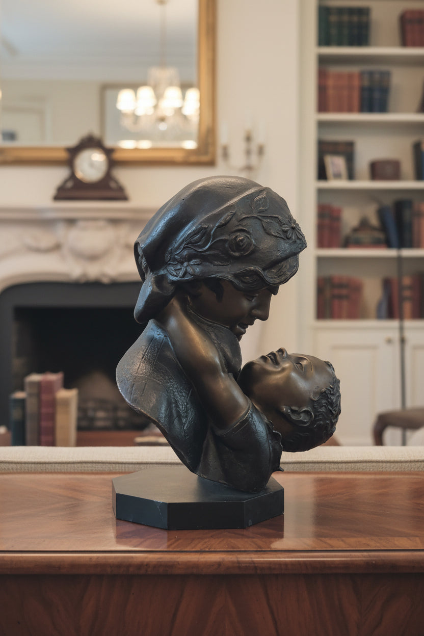 Figurine mère et enfant sur socle en marbre – Bronze ou zinc moulé, 47 cm