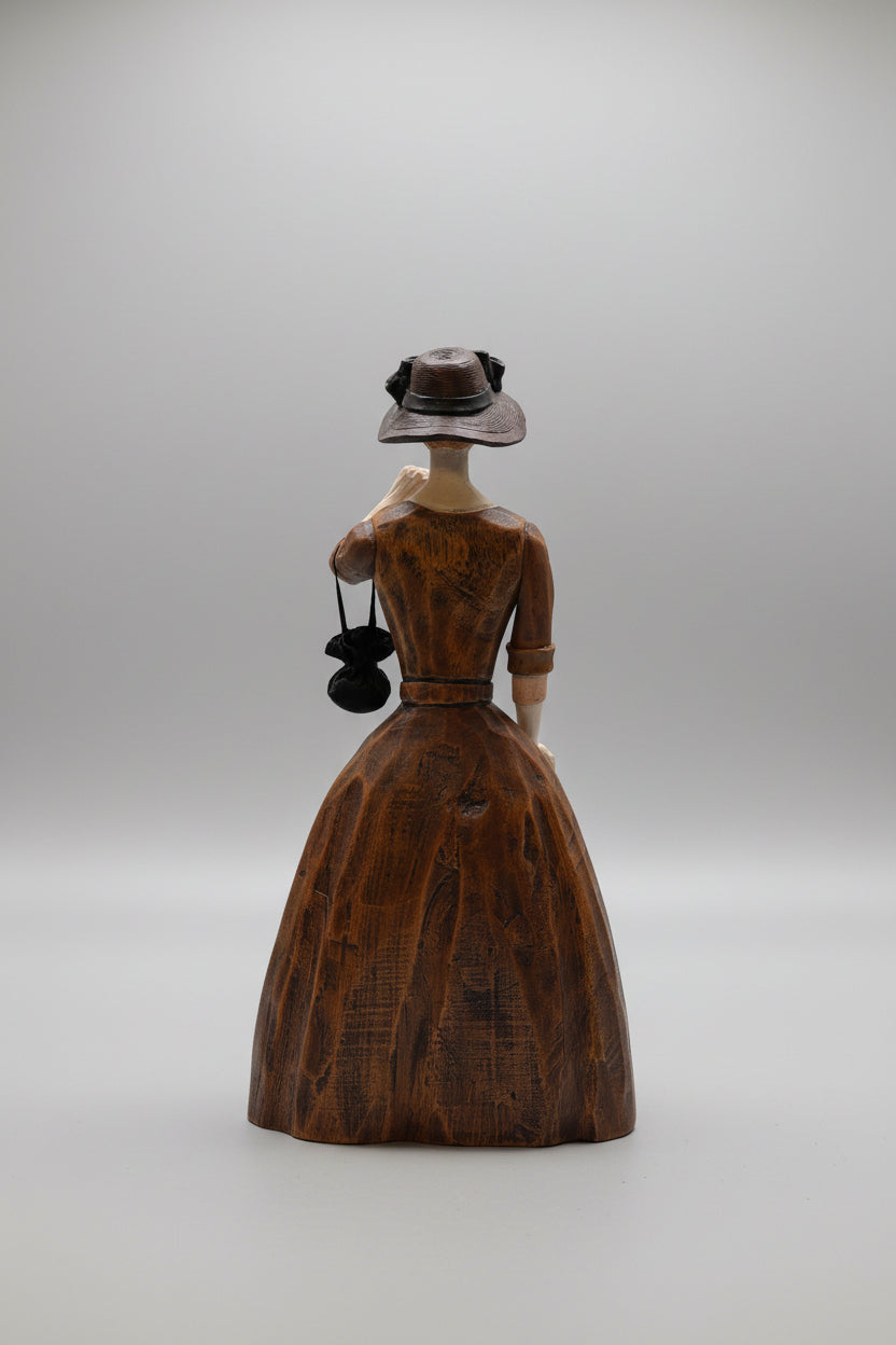 Figurine en bois femme élégante avec parapluie et sac – Pièce de collection décorative