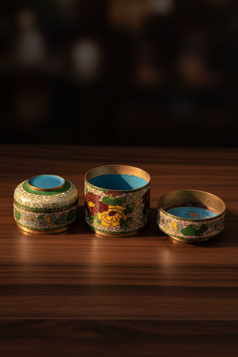 Cloisonné Dose 3-teilig 13 cm – Antike Emaillearbeit