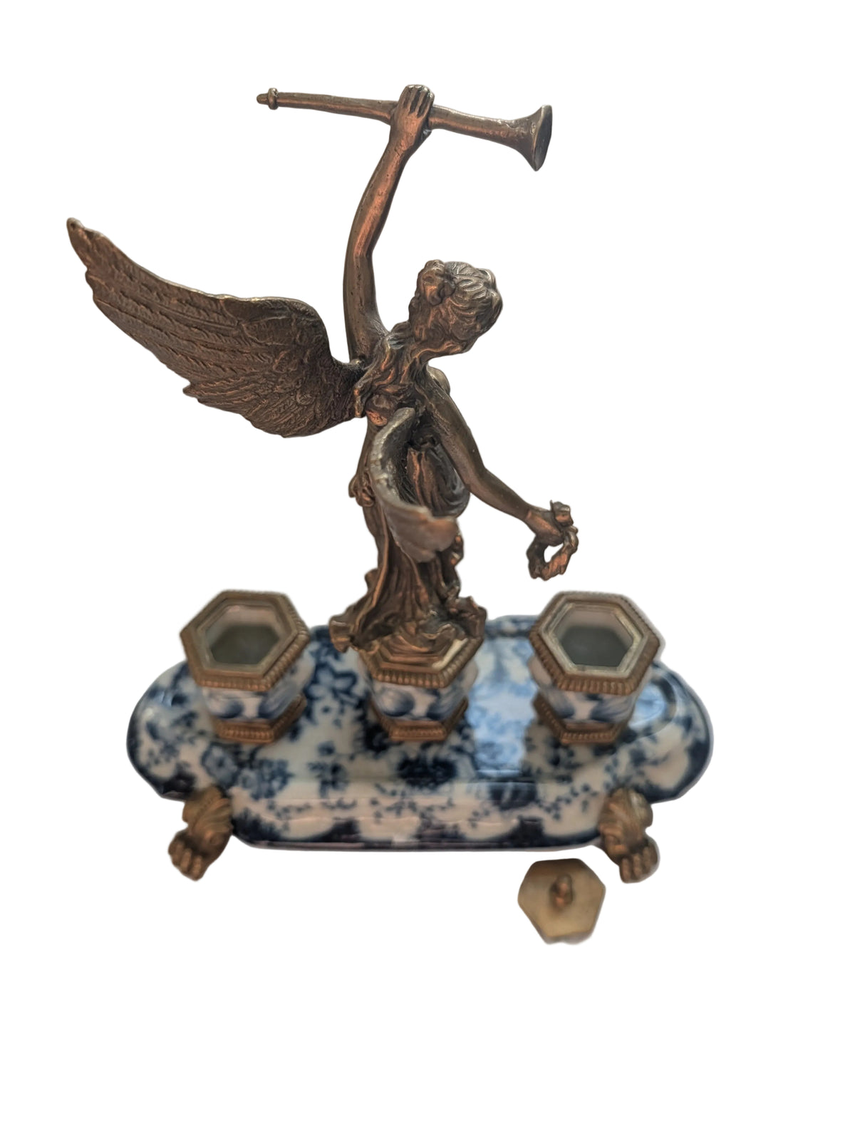 Encrier en porcelaine et bronze avec figurine de table – Accessoire de bureau décoratif