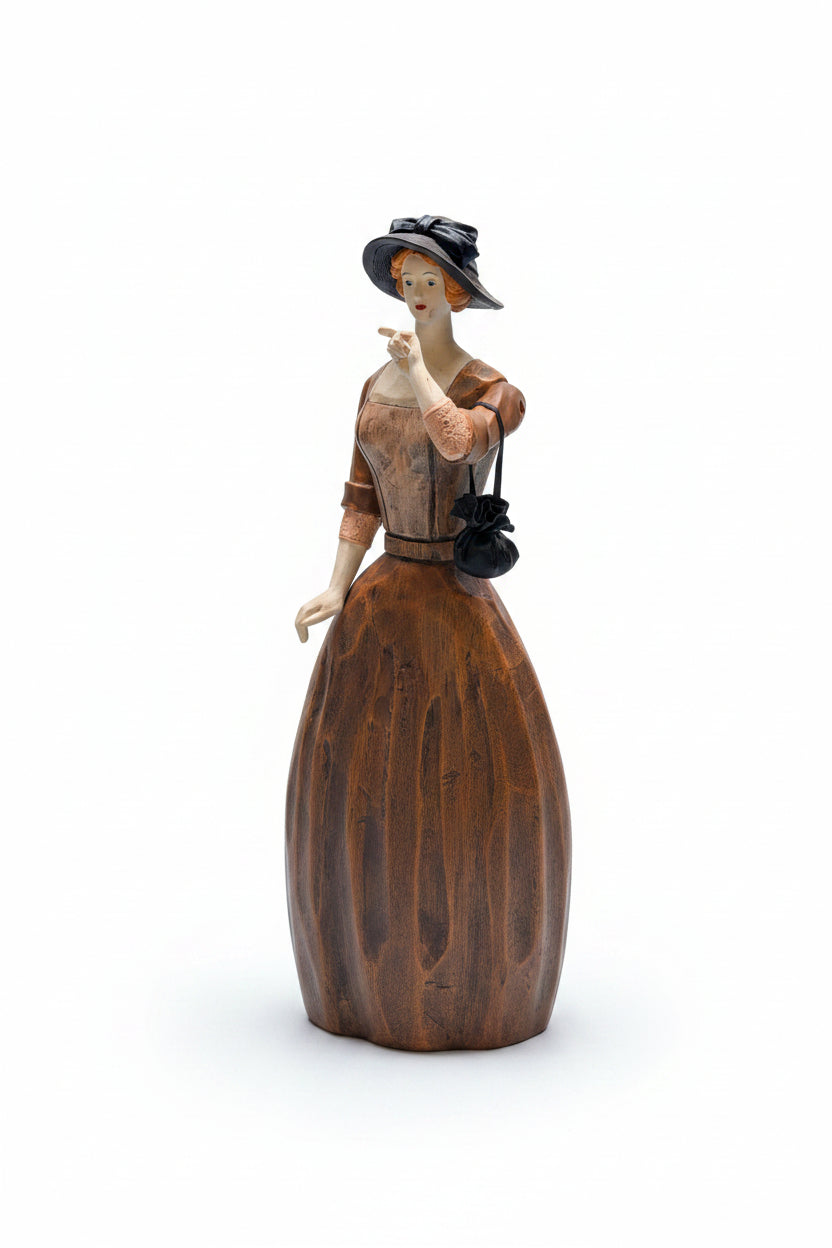 Figurine en bois femme élégante avec parapluie et sac – Pièce de collection décorative