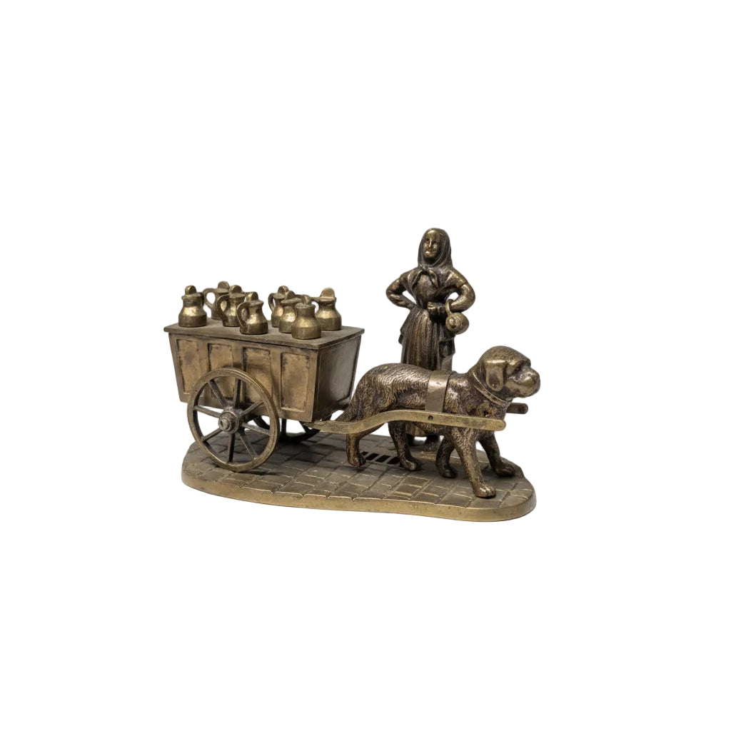 Antike Bronze Figur – Melkerin mit Hund & Wagen mit Geheimfach – 26 cm