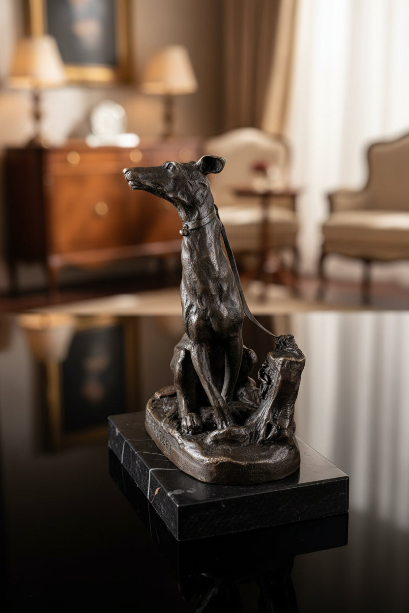 Moderne Bronzefigur Windhund auf Marmorsockel – Sammler Stück