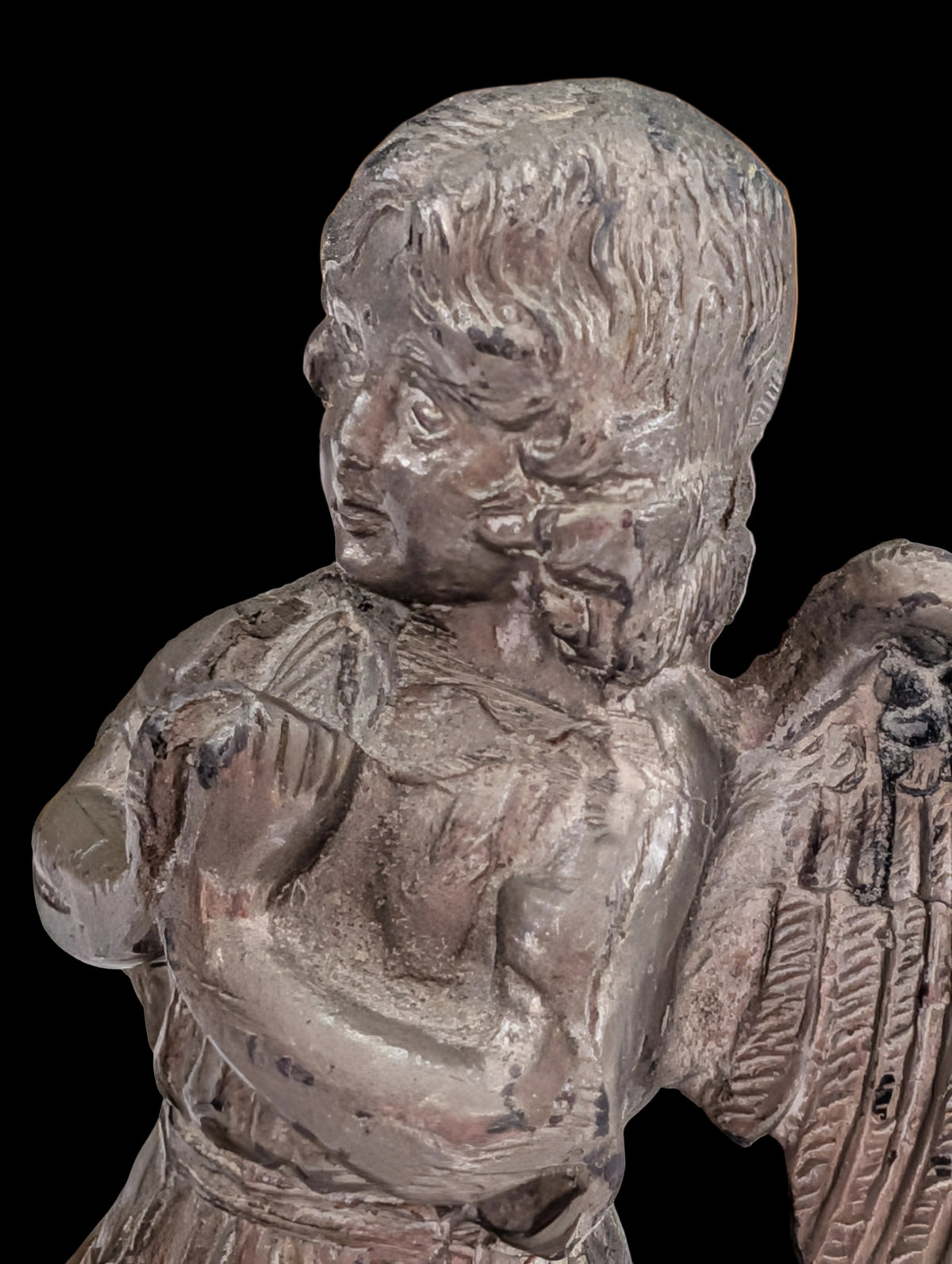 Ange en étain ancien sur socle en marbre – 12 cm