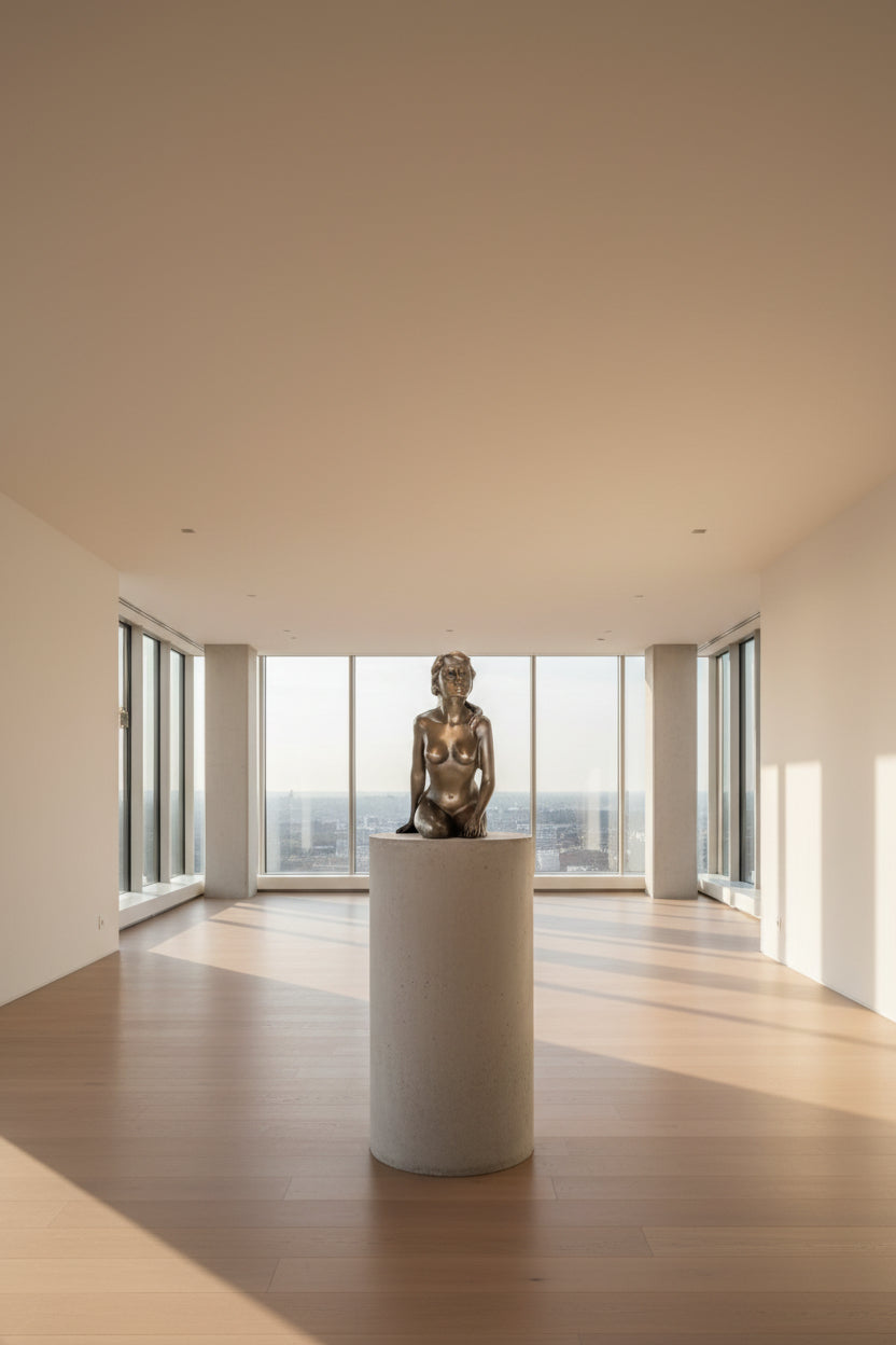 Moderne Bronzefigur Dame auf rundem Marmorsockel – Signiert, 100% Bronze, 21 cm