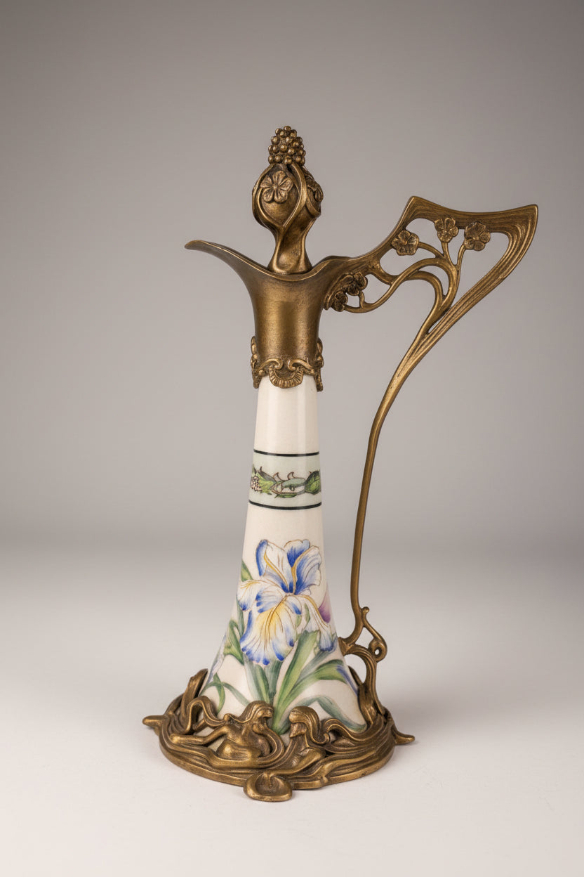 Jugendstil Kanne aus Bronze und Porzellan mit Iris und Landmuster