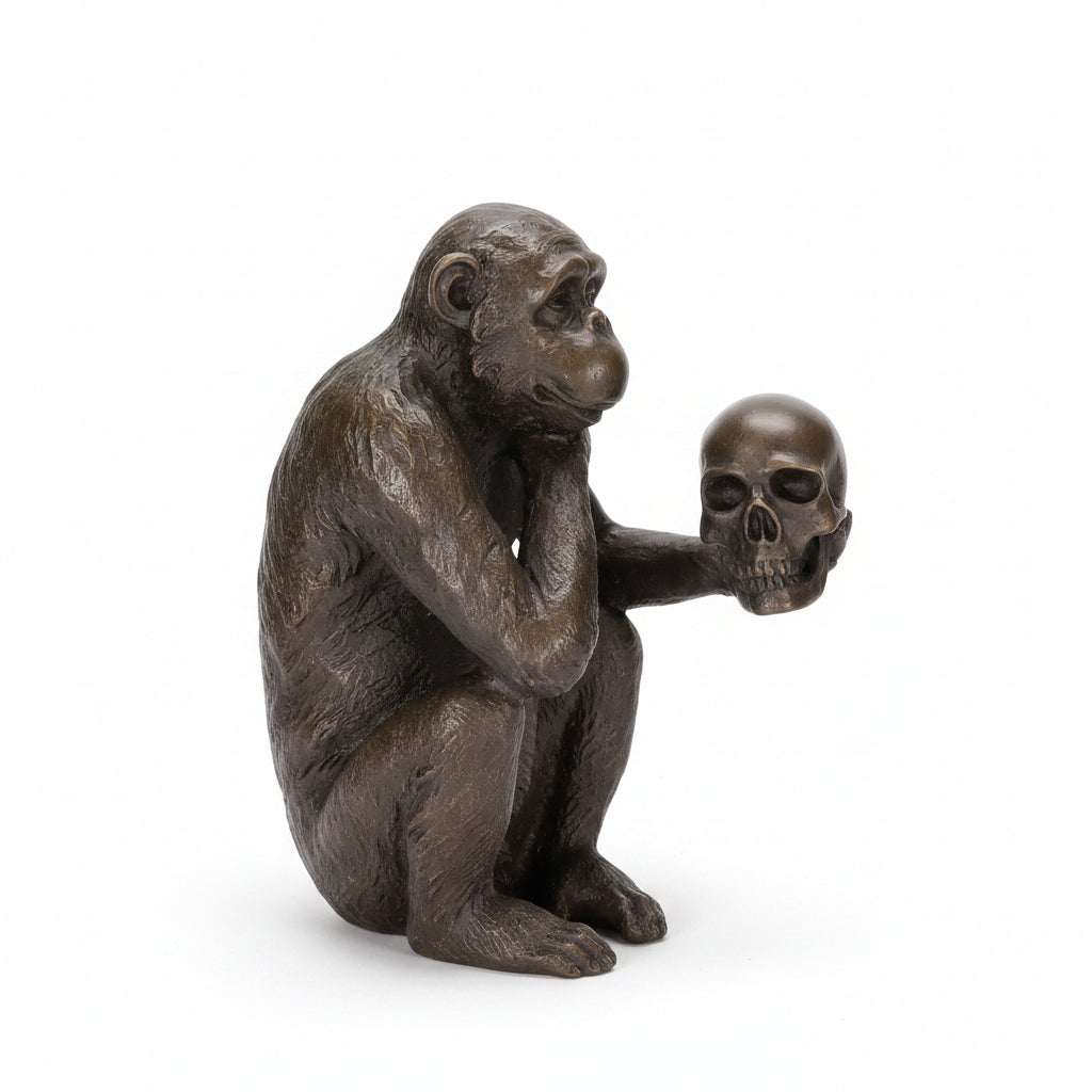 Moderne Bronzefigur Nachdenkender Affe mit Schädel – Signiert, 100% Bronze, 15 cm
