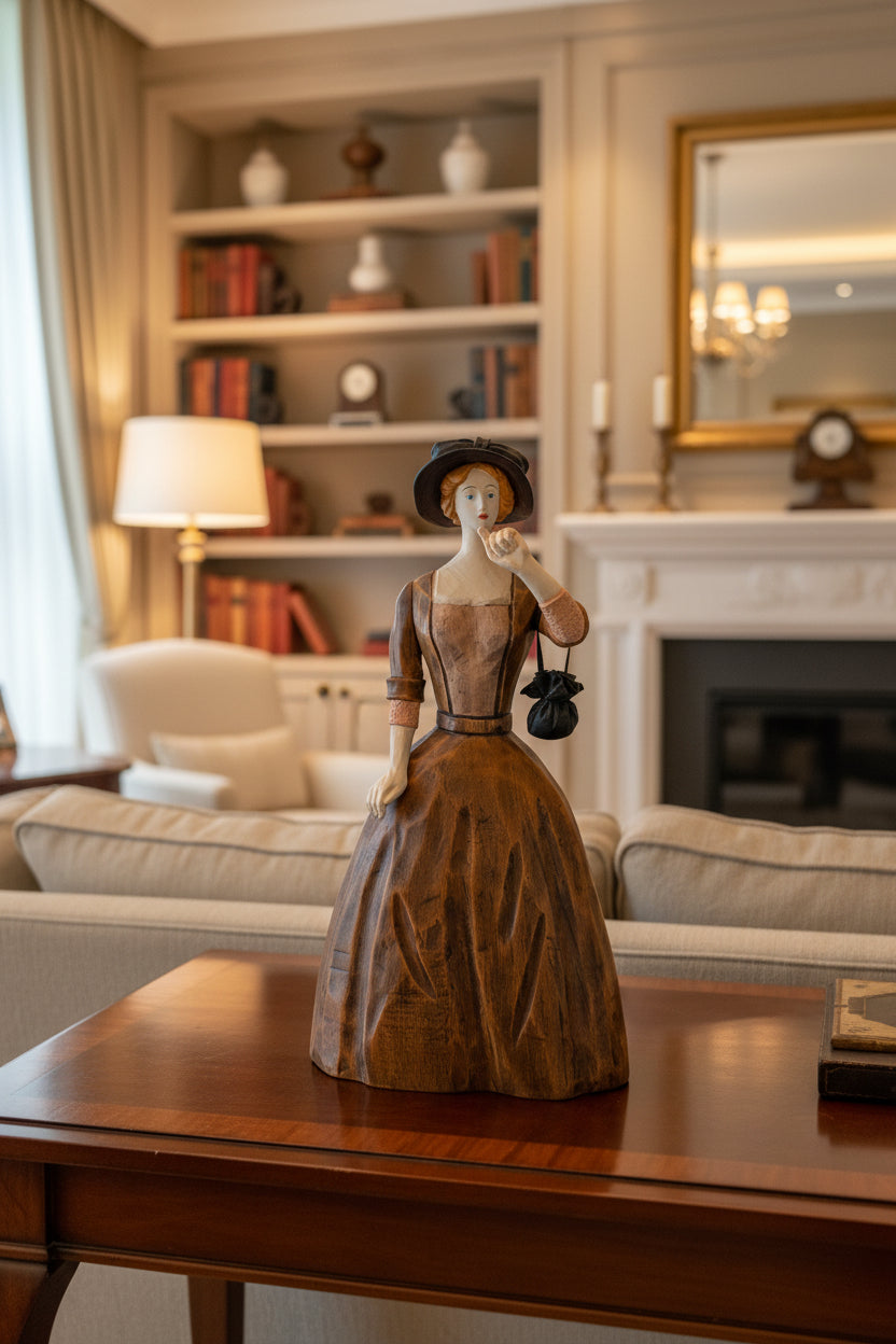 Figurine en bois femme élégante avec parapluie et sac – Pièce de collection décorative