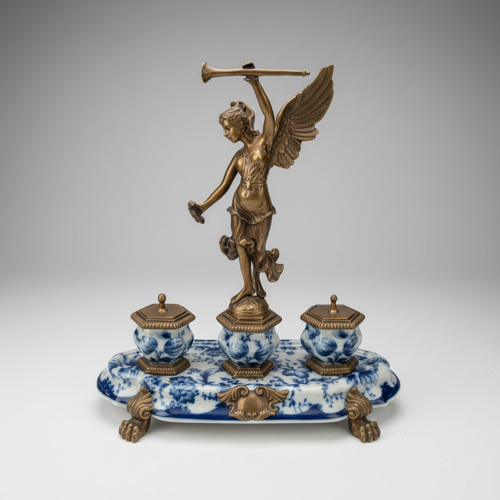 Encrier en porcelaine et bronze avec figurine de table – Accessoire de bureau décoratif